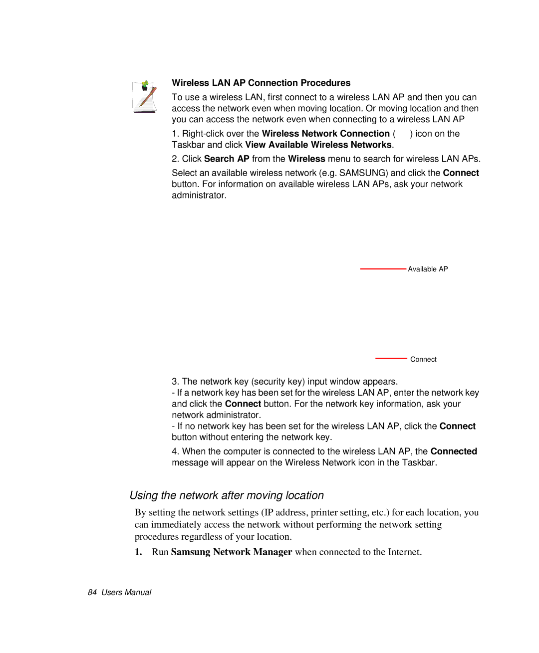 Samsung NP-X1-C001/SEB manual Using the network after moving location, Wireless LAN AP Connection Procedures 