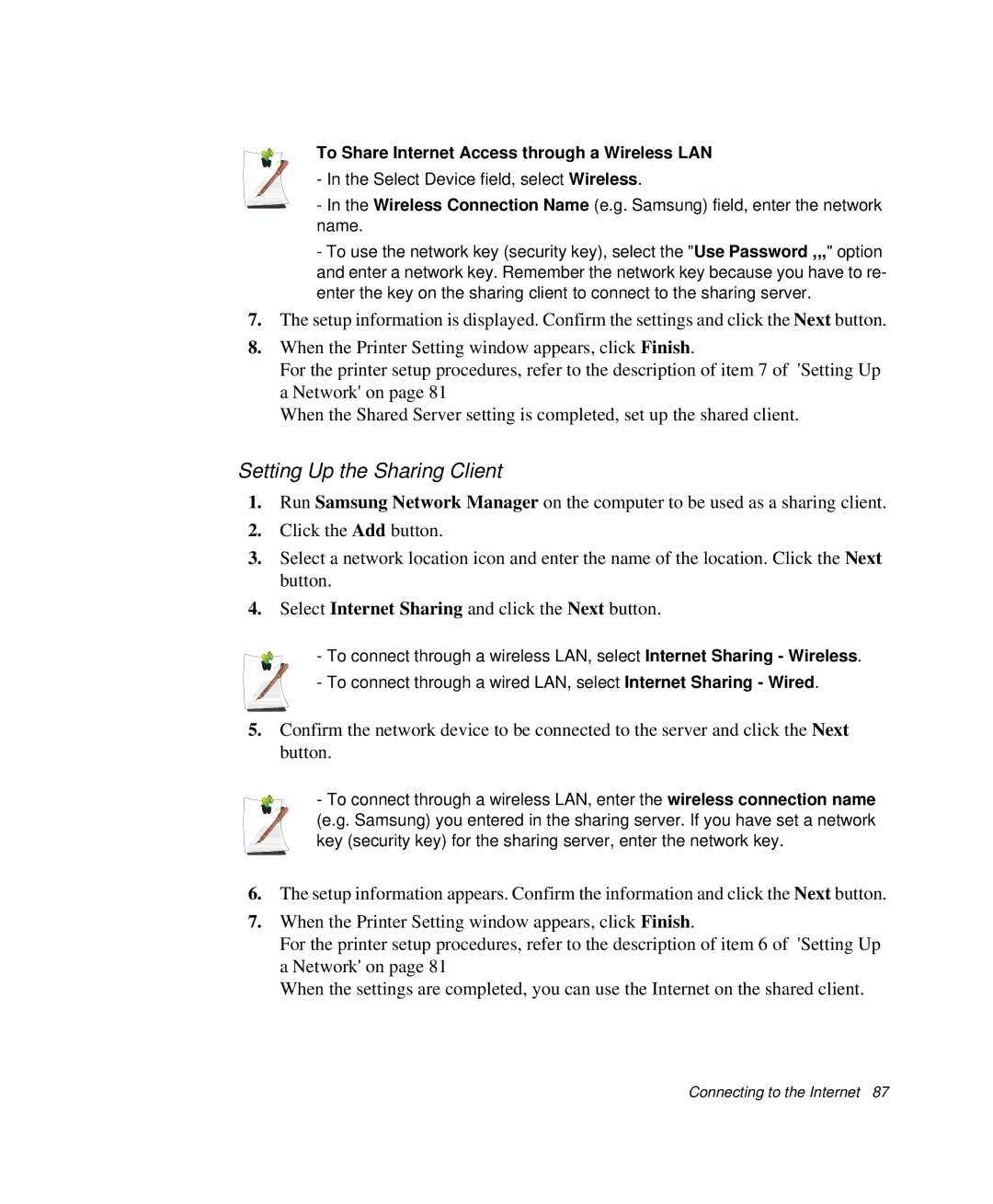 Samsung NP-X1-C001/SEB manual Setting Up the Sharing Client, To Share Internet Access through a Wireless LAN 