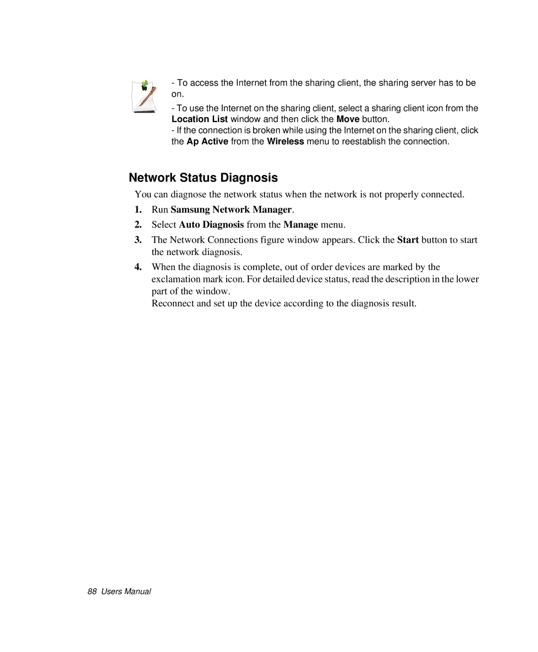 Samsung NP-X1-C001/SEB manual Network Status Diagnosis 