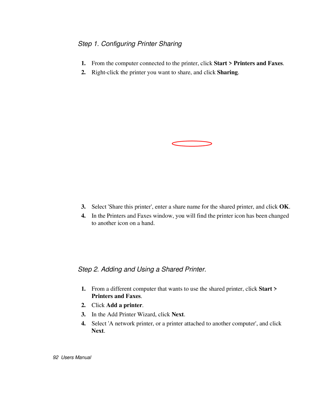 Samsung NP-X1-C001/SEB manual Configuring Printer Sharing, Adding and Using a Shared Printer, Click Add a printer 