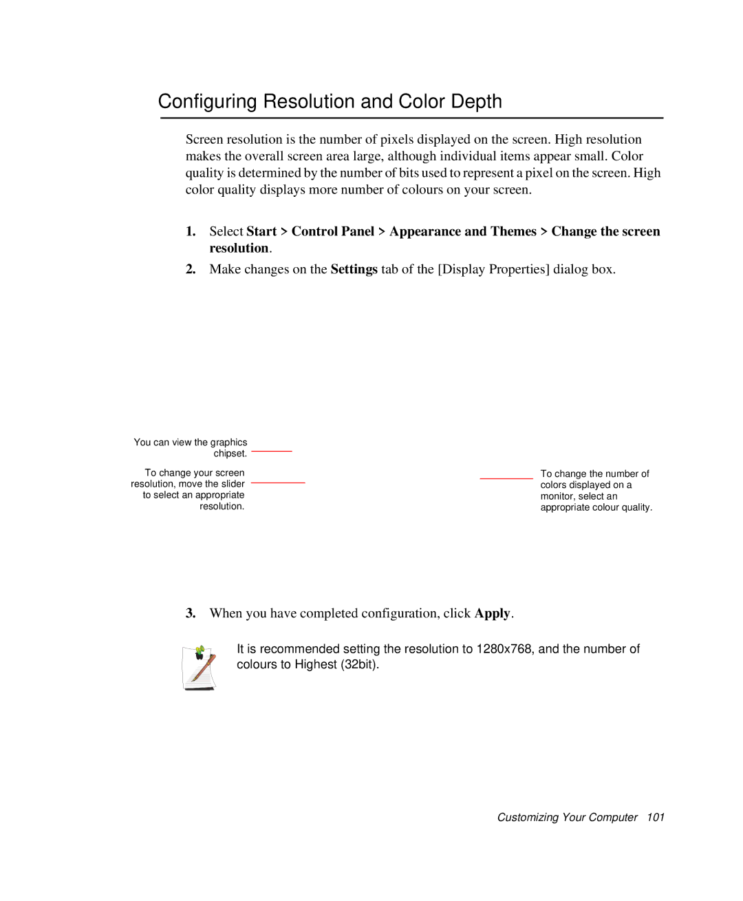 Samsung NP-X1-C001/SEB manual Configuring Resolution and Color Depth, When you have completed configuration, click Apply 