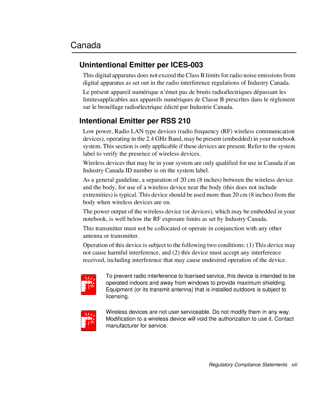 Samsung NP-X1-C001/SEB manual Canada, Unintentional Emitter per ICES-003, Intentional Emitter per RSS 