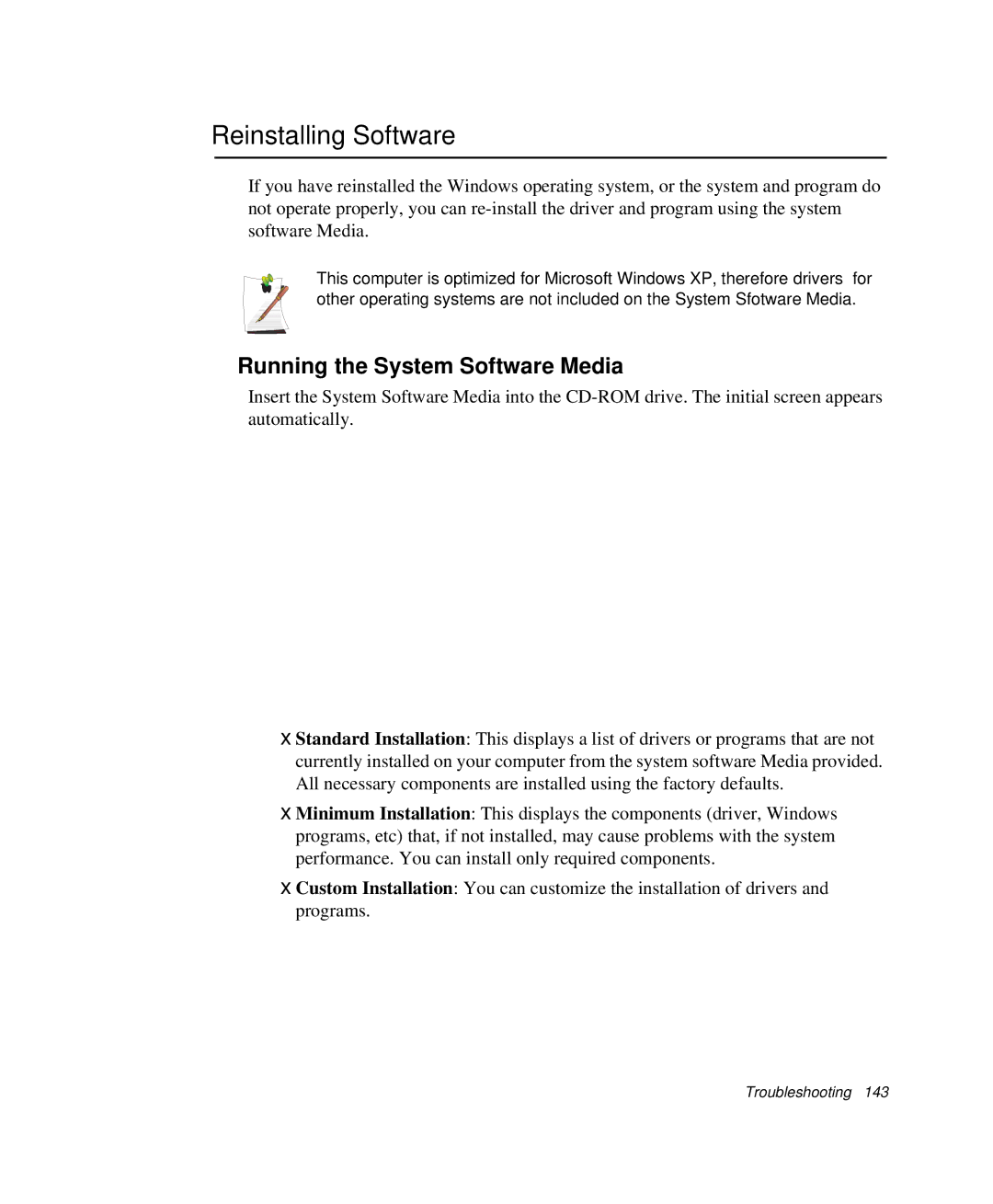 Samsung NP-X1-C001/SEB manual Reinstalling Software, Running the System Software Media 