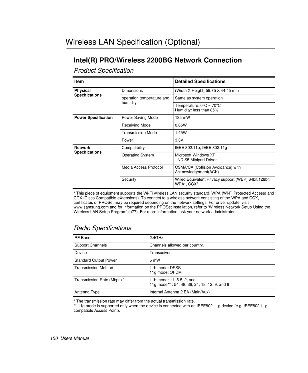 Samsung NP-X1-C001/SEB manual Wireless LAN Specification Optional, IntelR PRO/Wireless 2200BG Network Connection 