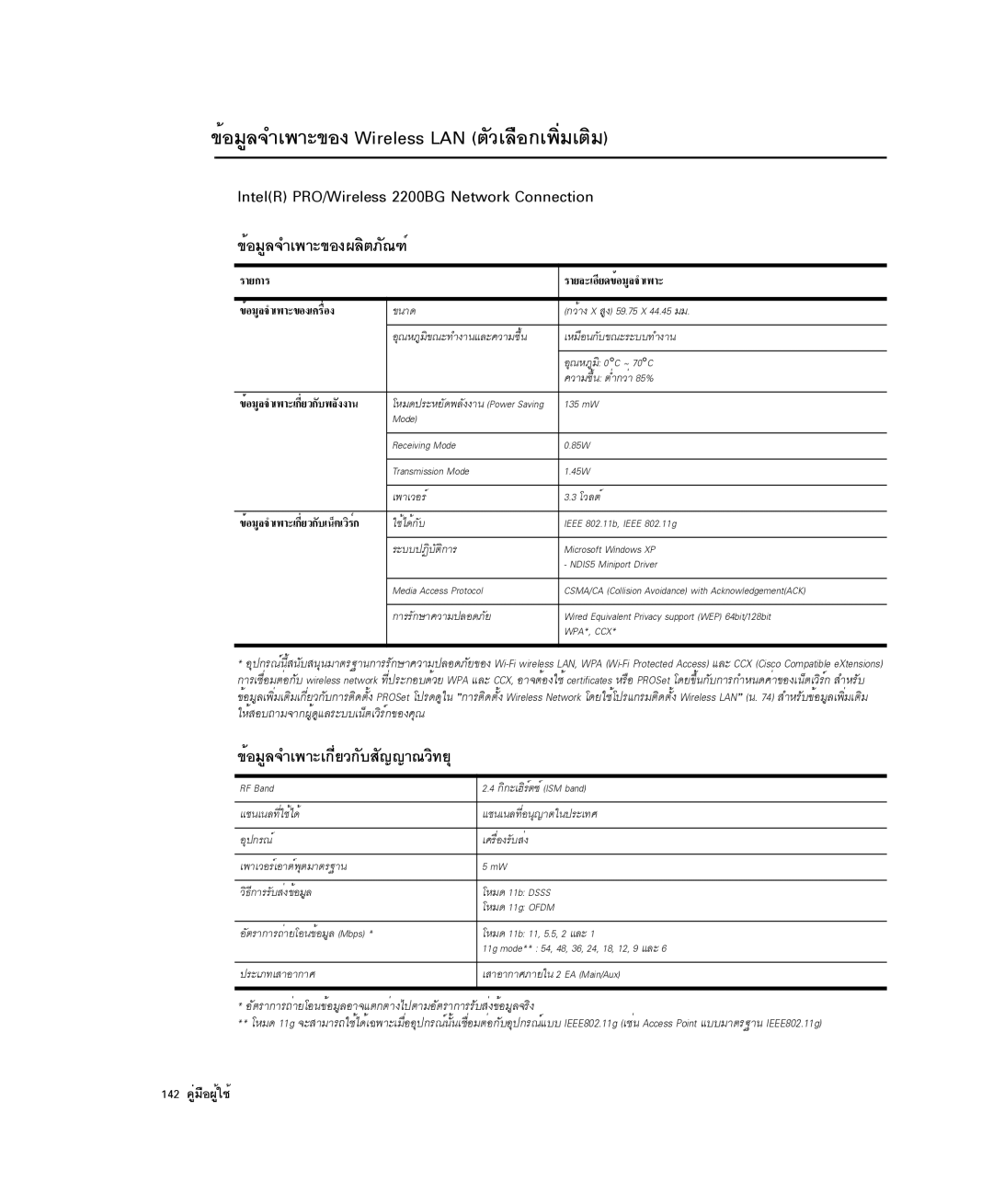 Samsung NP-X1-C001/SEB manual ¢éÍÁÙÅ¨Óà¾ÒÐ¢Í§ Wireless LAN µÑÇàÅ×Í¡à¾ÔèÁàµÔÁ, IntelR PRO/Wireless 2200BG Network Connection 