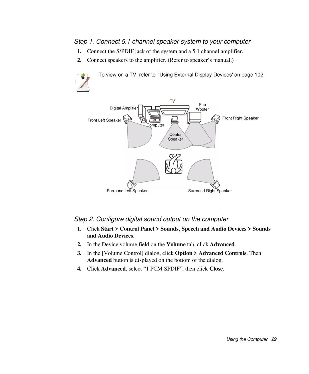 Samsung NP-X1-C001/SEB Connect 5.1 channel speaker system to your computer, Configure digital sound output on the computer 