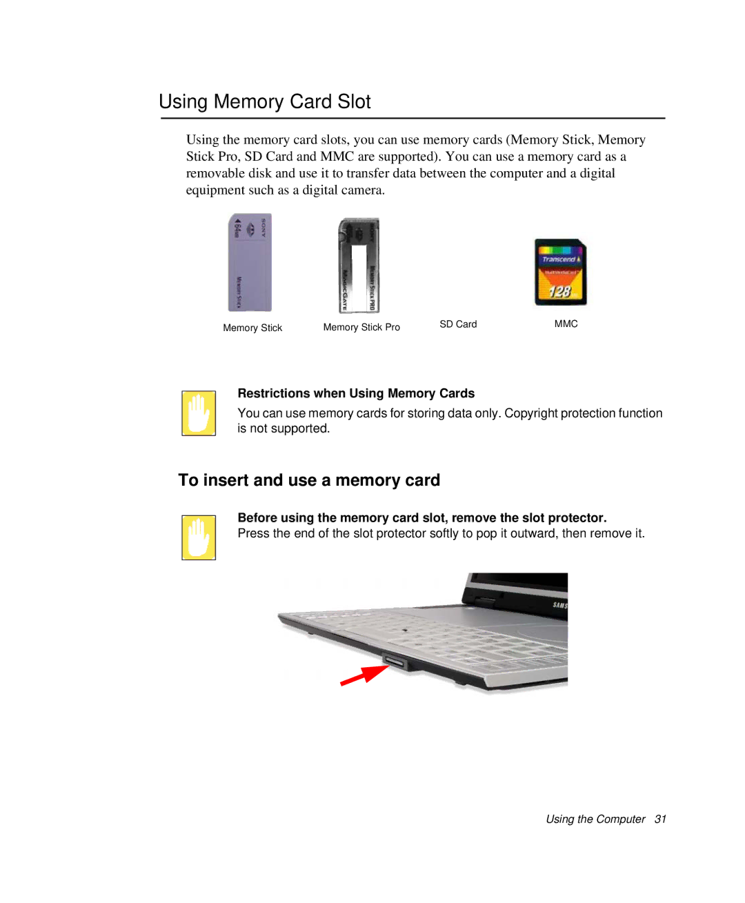 Samsung NP-X1-C001/SEB manual Using Memory Card Slot, To insert and use a memory card, Restrictions when Using Memory Cards 