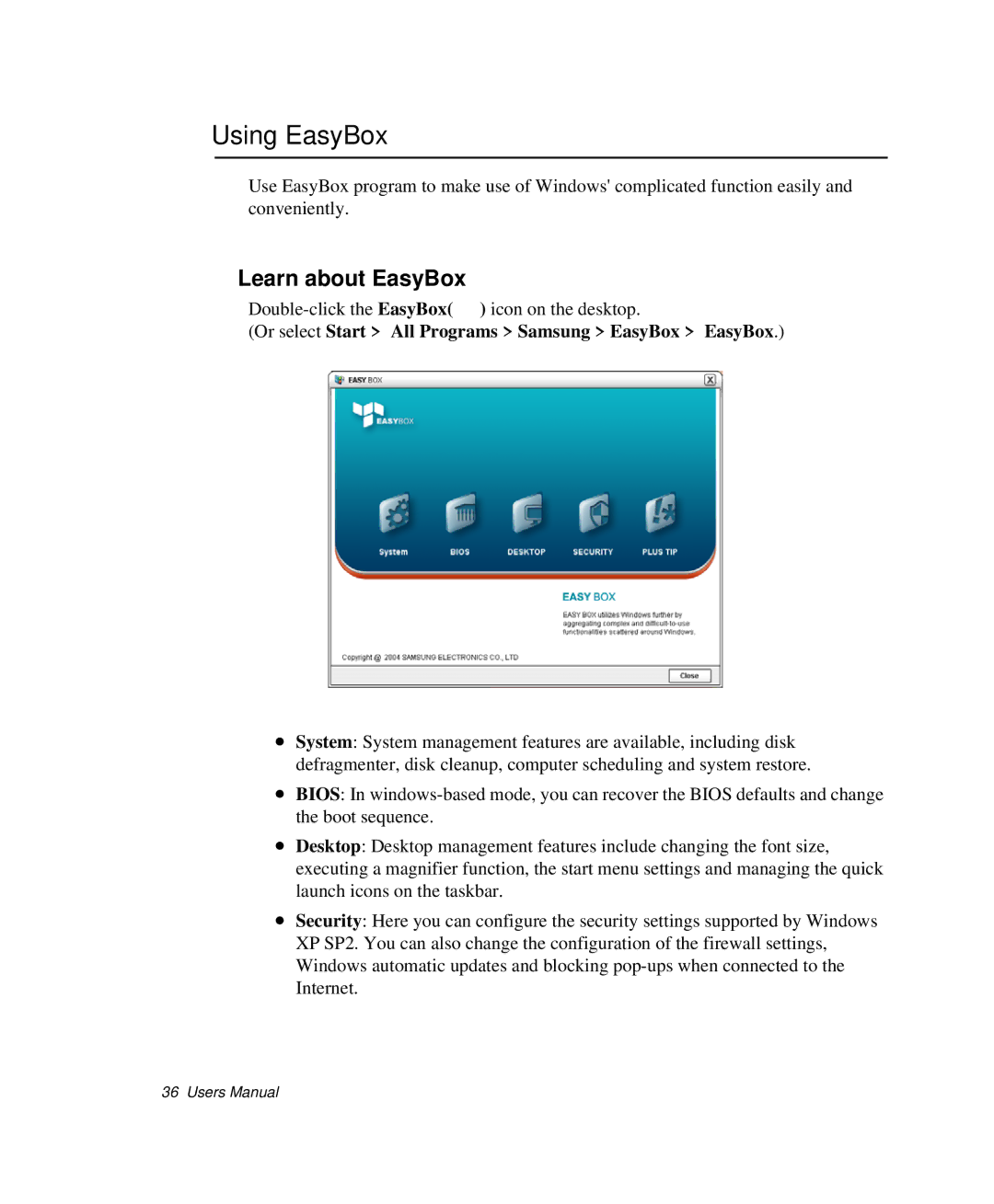 Samsung NP-X1-C001/SEB manual Using EasyBox, Learn about EasyBox, Or select Start All Programs Samsung EasyBox EasyBox 