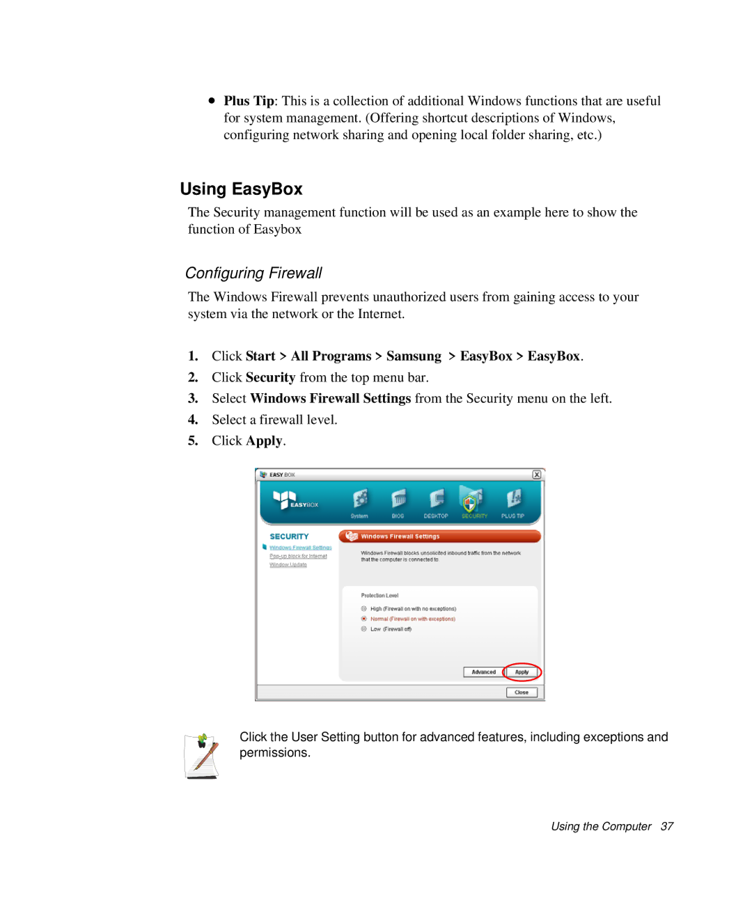 Samsung NP-X1-C001/SEB manual Using EasyBox, Configuring Firewall, Click Start All Programs Samsung EasyBox EasyBox 