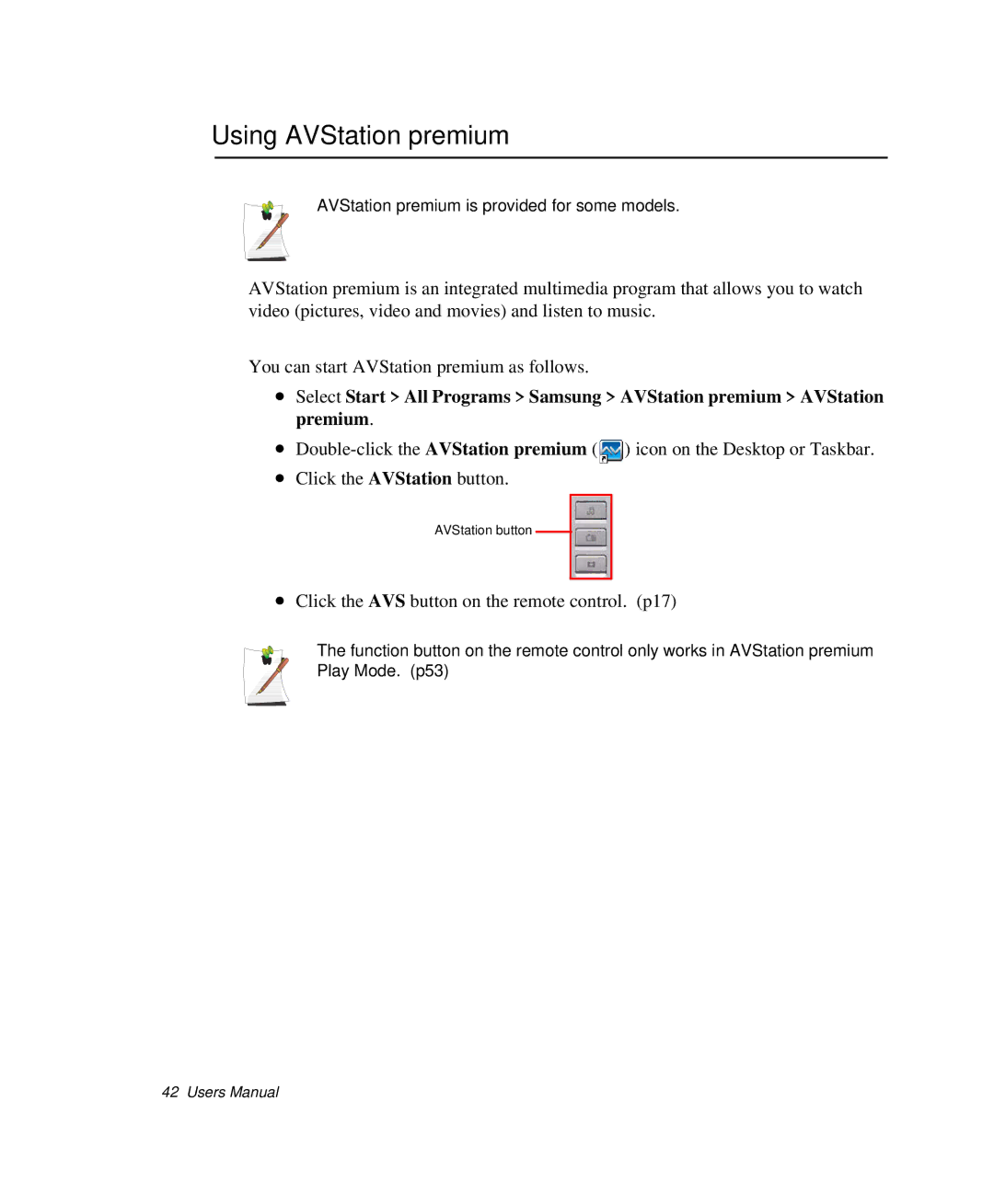 Samsung NP-X1-C001/SEB manual Using AVStation premium 