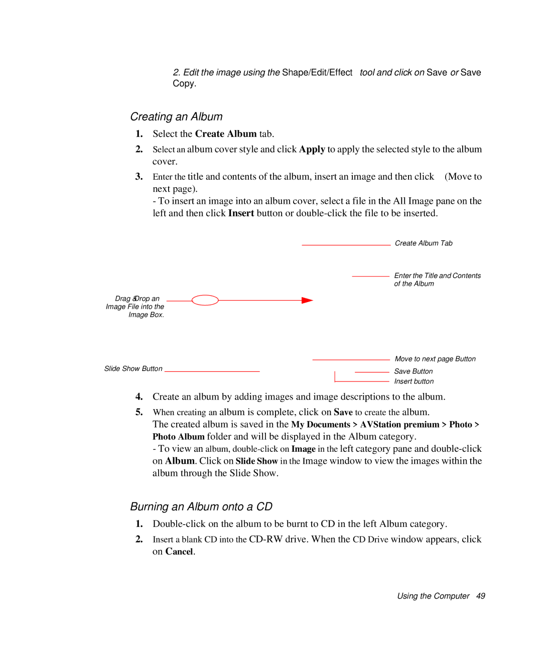 Samsung NP-X1-C001/SEB manual Creating an Album, Burning an Album onto a CD, Copy 