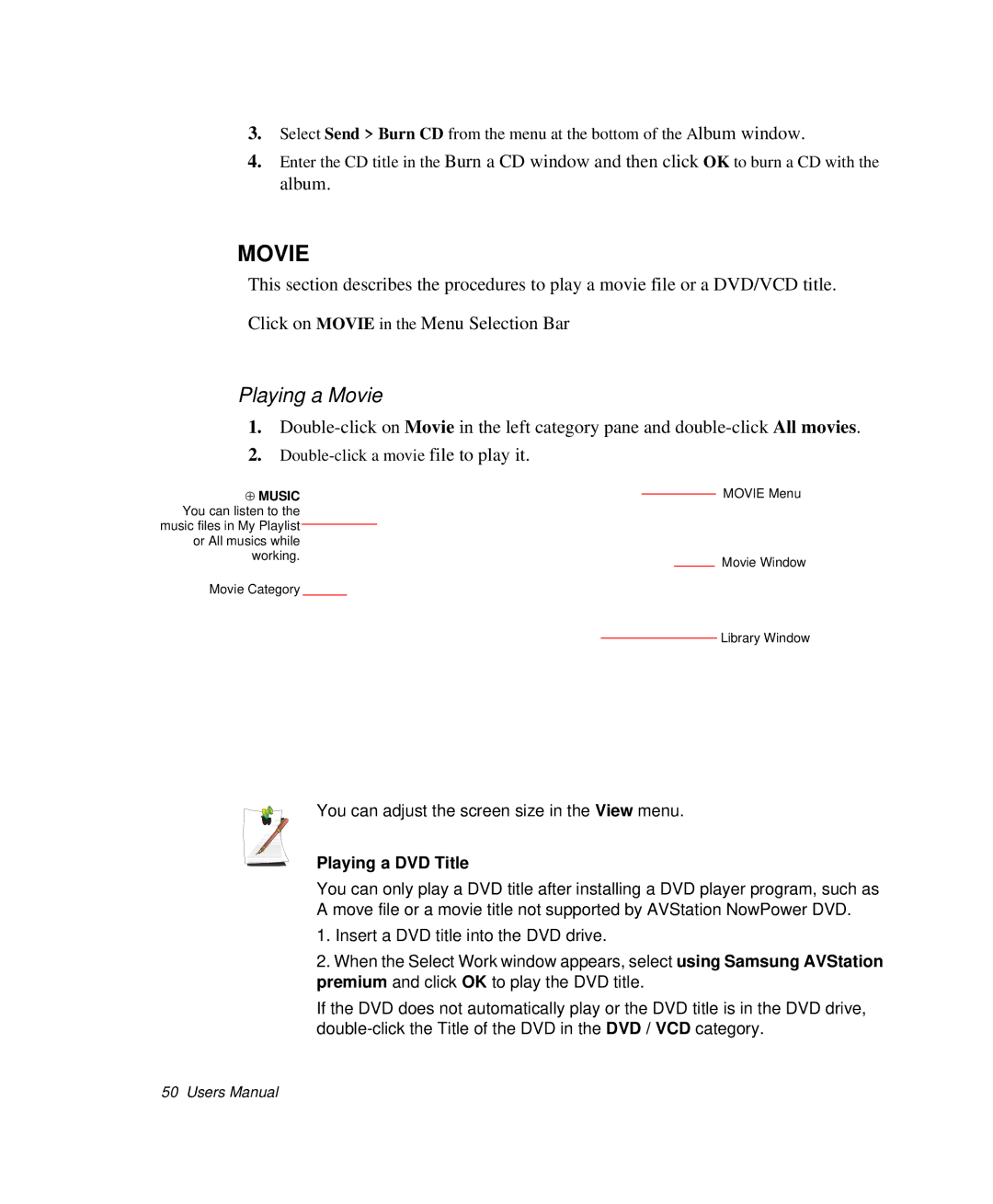 Samsung NP-X1-C001/SEB manual Playing a Movie, Playing a DVD Title 