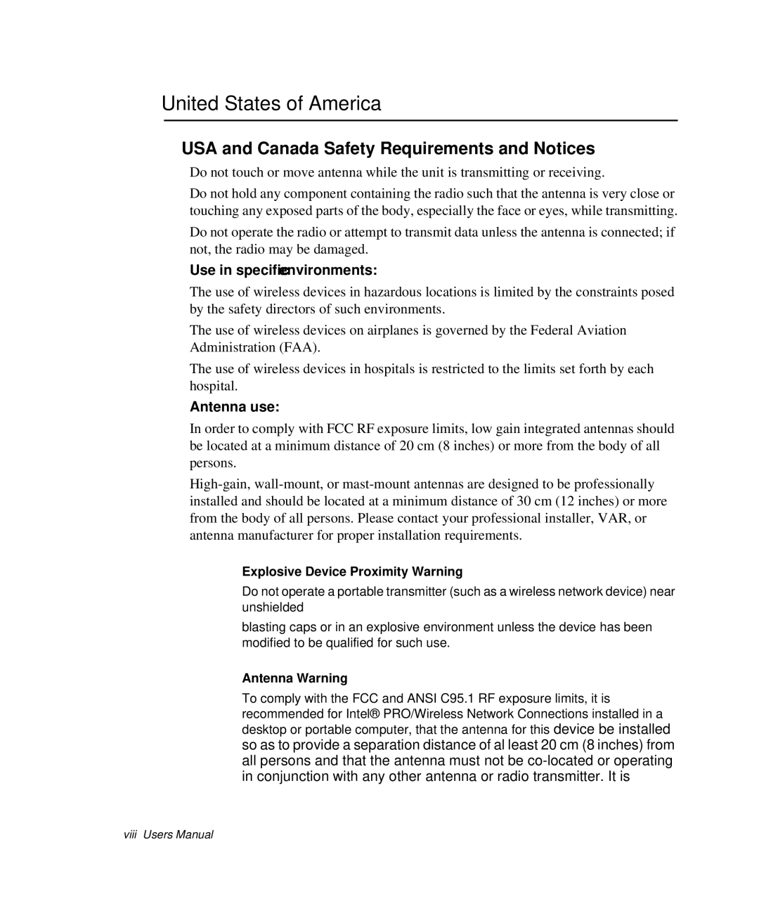 Samsung NP-X1-C001/SEB manual United States of America, USA and Canada Safety Requirements and Notices, Antenna use 