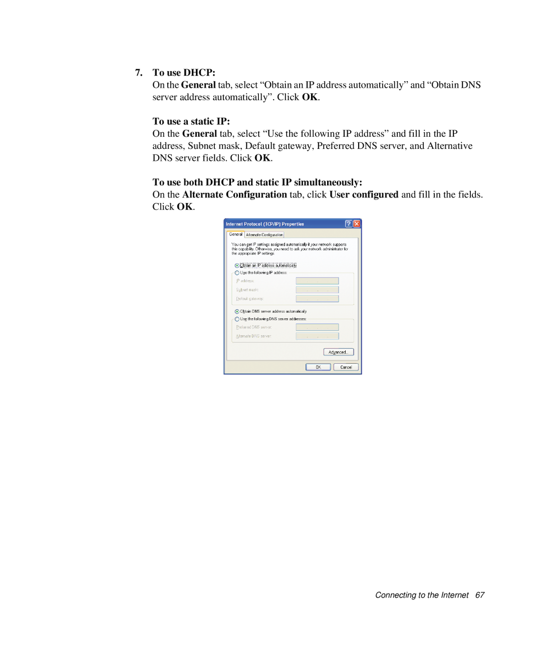 Samsung NP-X1-C001/SEB manual To use Dhcp, To use a static IP, To use both Dhcp and static IP simultaneously 