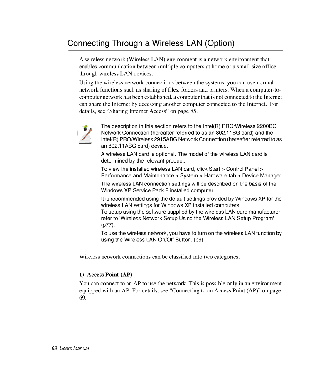 Samsung NP-X1-C001/SEB manual Connecting Through a Wireless LAN Option, Access Point AP 