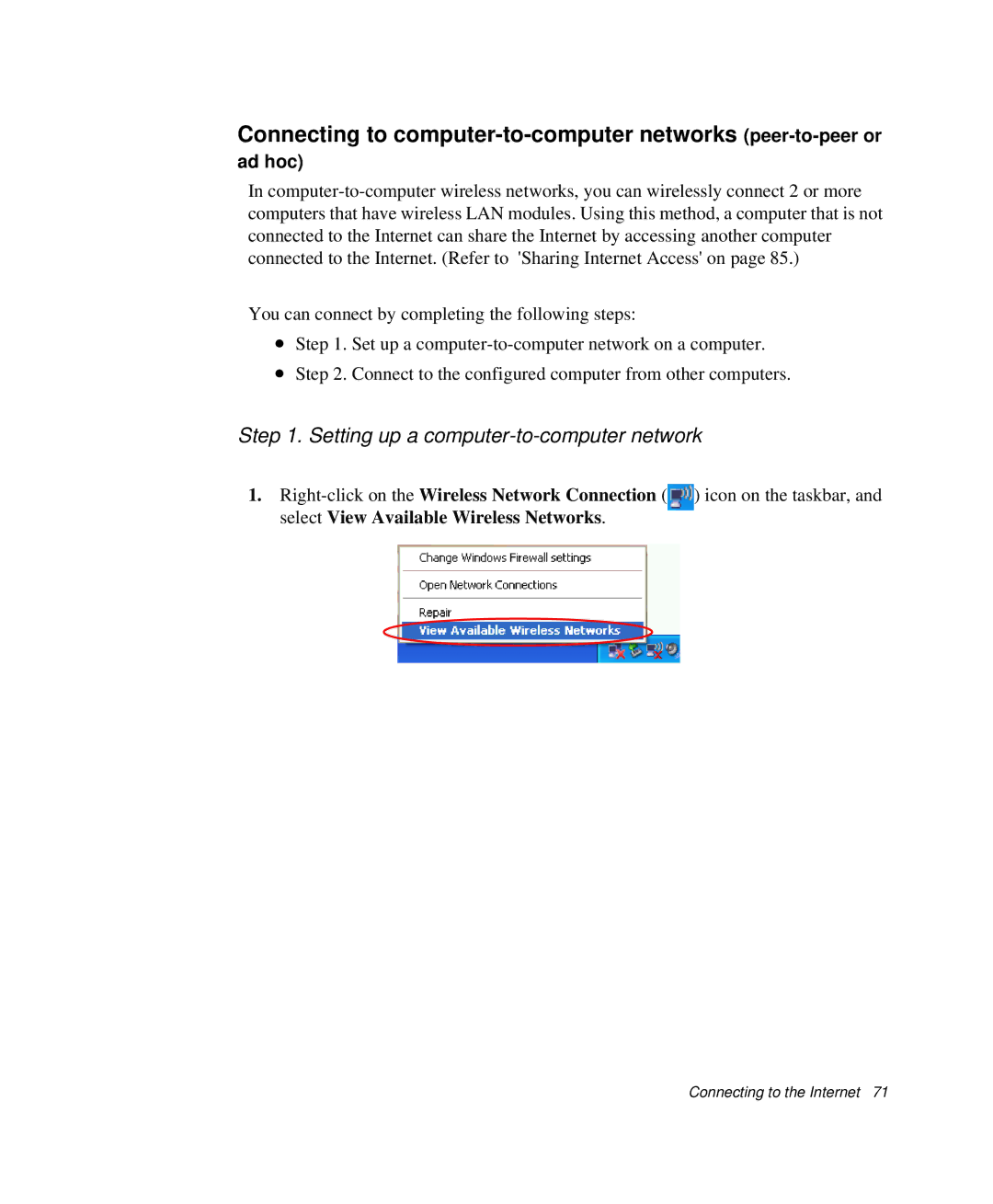 Samsung NP-X1-C001/SEB manual Connecting to computer-to-computer networks peer-to-peer or 