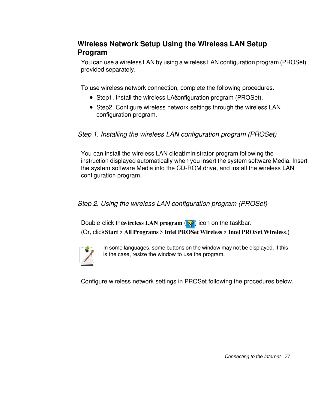 Samsung NP-X1-C001/SEB manual Wireless Network Setup Using the Wireless LAN Setup Program 