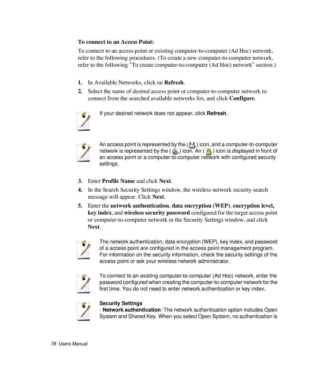 Samsung NP-X1-C001/SEB manual To connect to an Access Point, Security Settings 