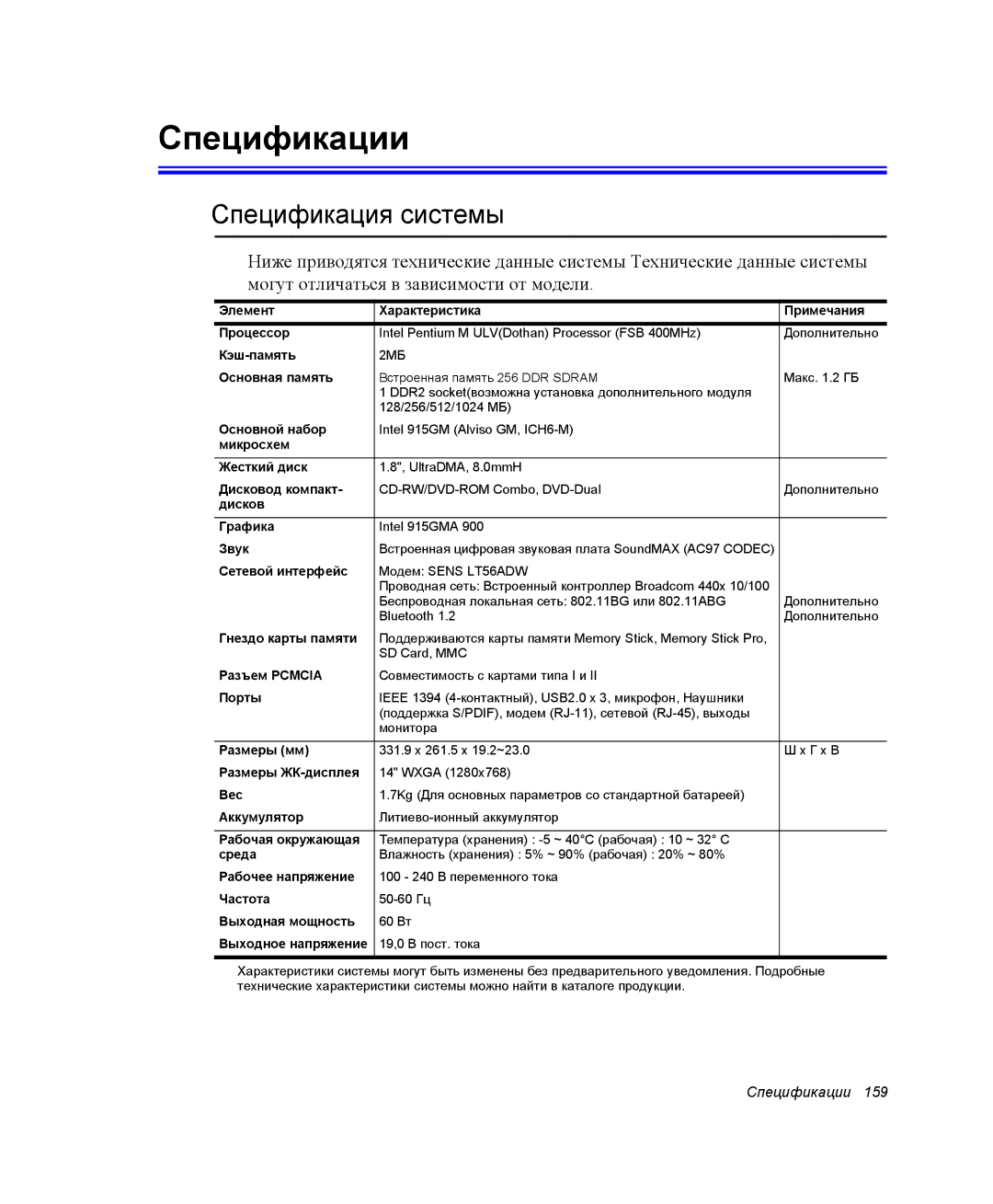 Samsung NP-X1-C000/SER, NP-X1-C001/SER manual Спецификации, Спецификация системы 