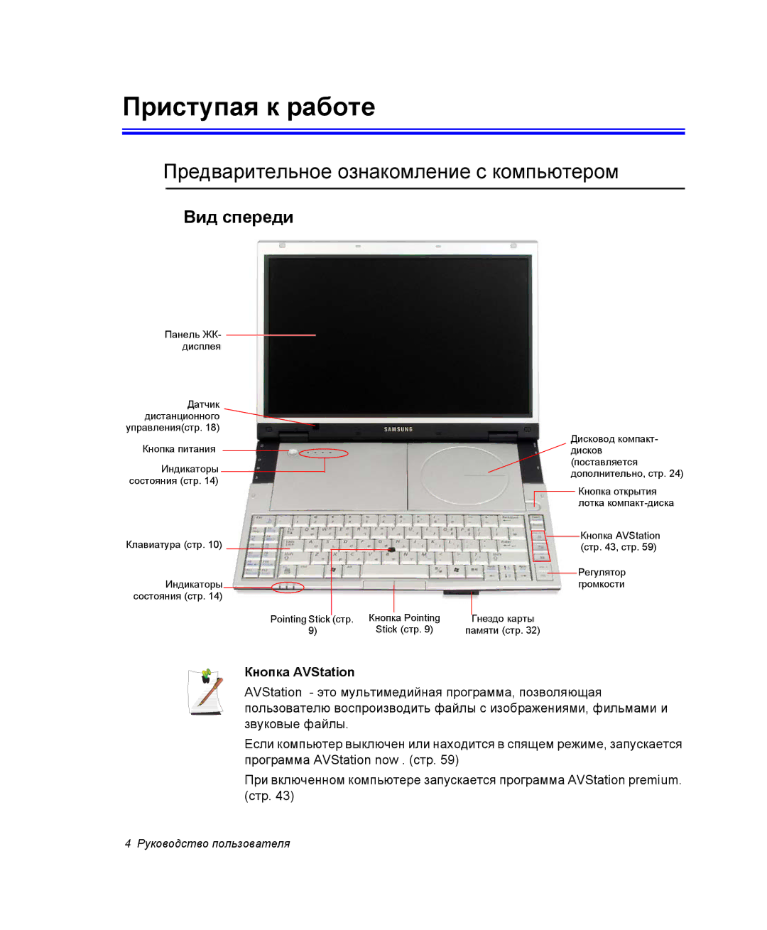 Samsung NP-X1-C001/SER manual Приступая к работе, Предварительное ознакомление с компьютером, Вид спереди, Кнопка AVStation 