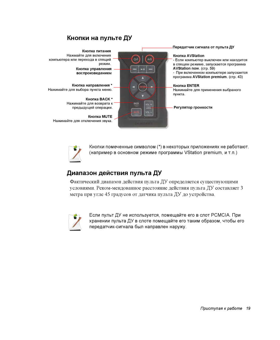 Samsung NP-X1-C000/SER, NP-X1-C001/SER manual Кнопки на пульте ДУ, Диапазон действия пульта ДУ 