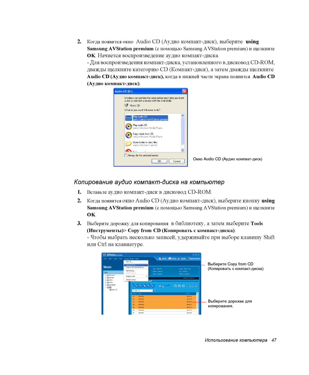 Samsung NP-X1-C000/SER, NP-X1-C001/SER manual Копирование аудио компакт-диска на компьютер 