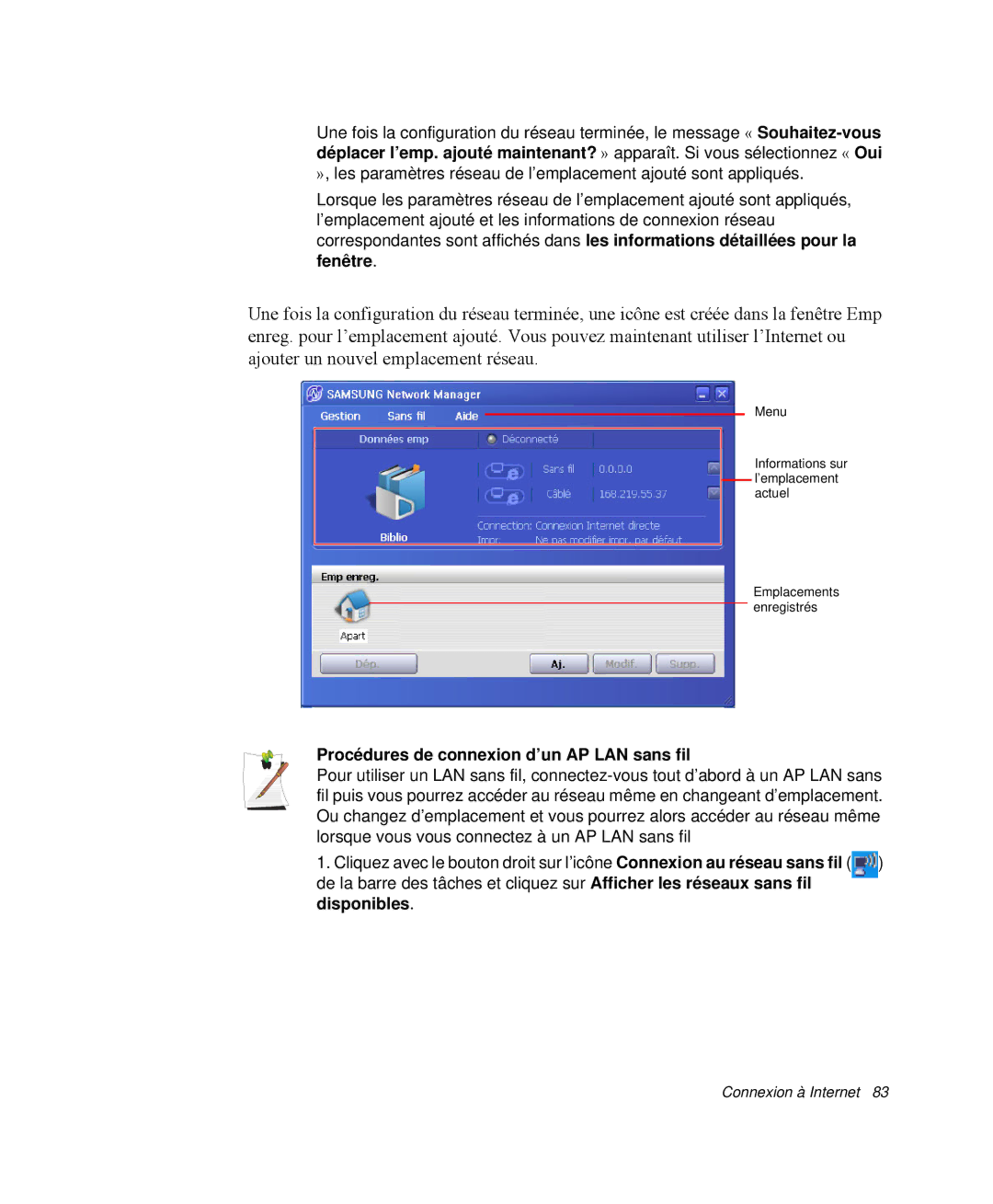 Samsung NP-X1-T001/SEF, NP-X1-T003/SEF, NP-X1-C002/SEF, NP-X1-T002/SEF Fenêtre, Procédures de connexion d’un AP LAN sans fil 