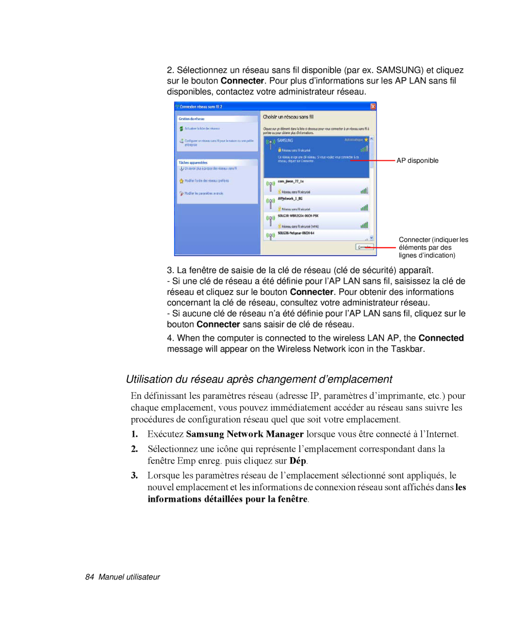 Samsung NP-X1-C000/SEF, NP-X1-T003/SEF, NP-X1-C002/SEF, NP-X1-T002/SEF Utilisation du réseau après changement d’emplacement 