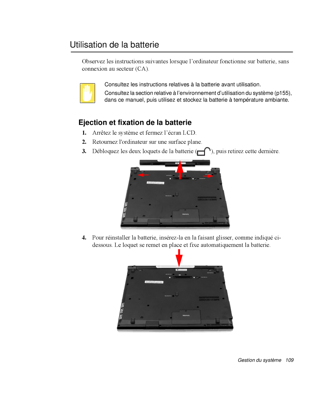 Samsung NP-X1-C001/SEF, NP-X1-T003/SEF, NP-X1-C002/SEF manual Utilisation de la batterie, Ejection et fixation de la batterie 