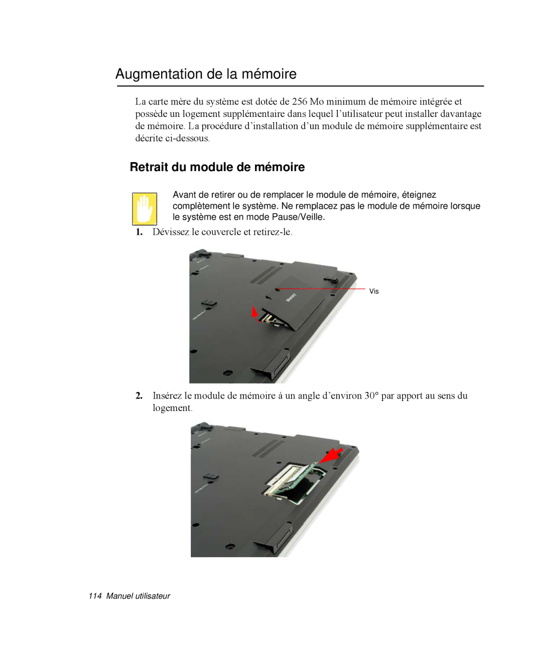 Samsung NP-X1-C002/SEF, NP-X1-T003/SEF, NP-X1-T002/SEF manual Augmentation de la mémoire, Retrait du module de mémoire 