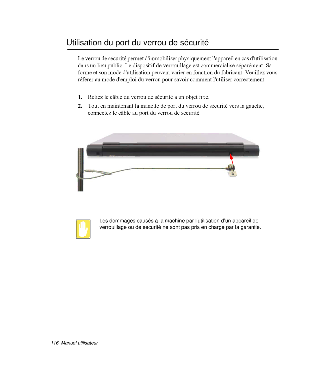 Samsung NP-X1-C001/SEF, NP-X1-T003/SEF, NP-X1-C002/SEF, NP-X1-T002/SEF manual Utilisation du port du verrou de sécurité 