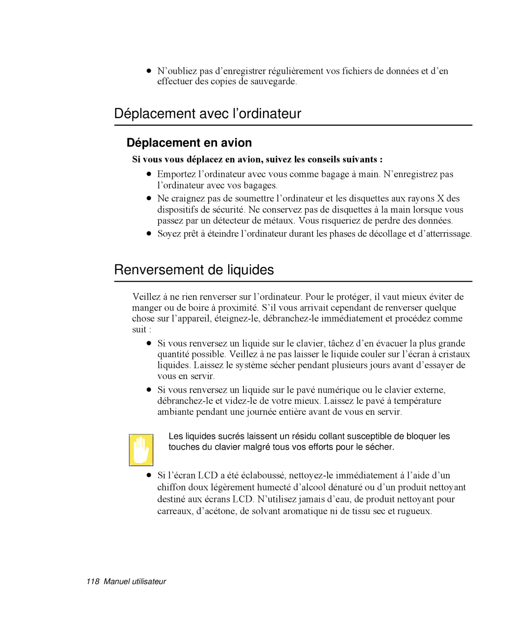 Samsung NP-X1-T001/SEF, NP-X1-T003/SEF manual Déplacement avec l’ordinateur, Renversement de liquides, Déplacement en avion 