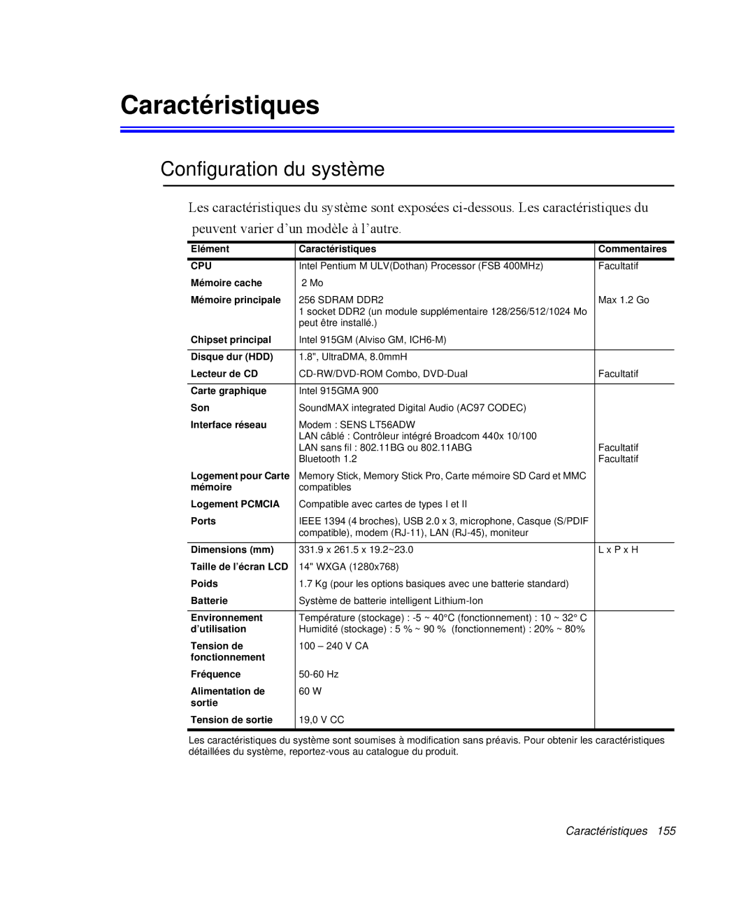 Samsung NP-X1-T003/SEF, NP-X1-C002/SEF, NP-X1-T002/SEF, NP-X1-C001/SEF manual Caractéristiques, Configuration du système 