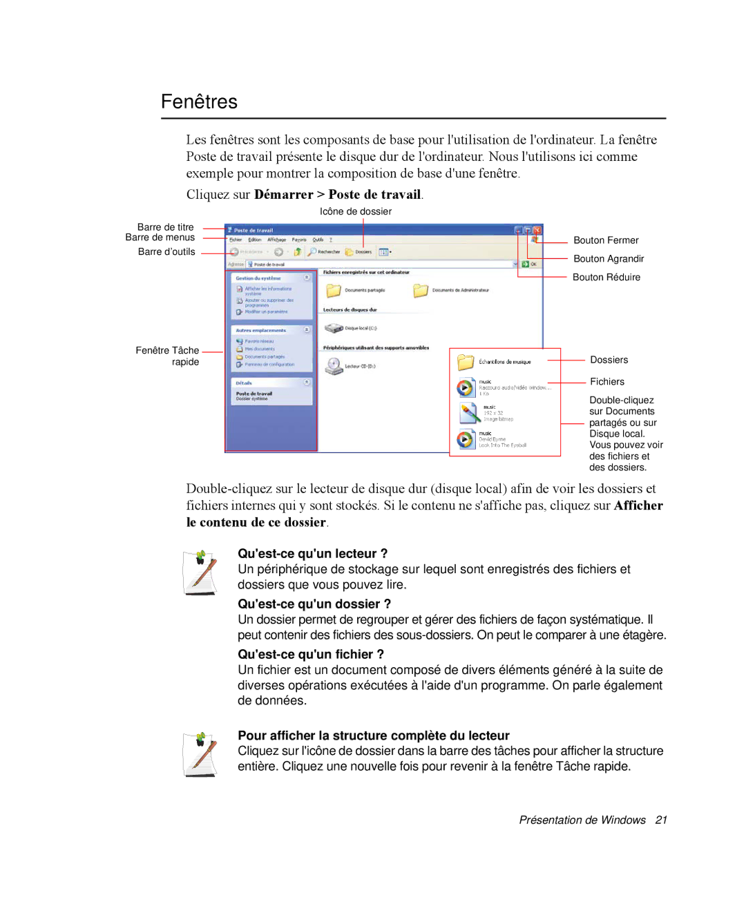 Samsung NP-X1-C000/SEF, NP-X1-T003/SEF, NP-X1-C002/SEF, NP-X1-T002/SEF manual Fenêtres, Cliquez sur Démarrer Poste de travail 