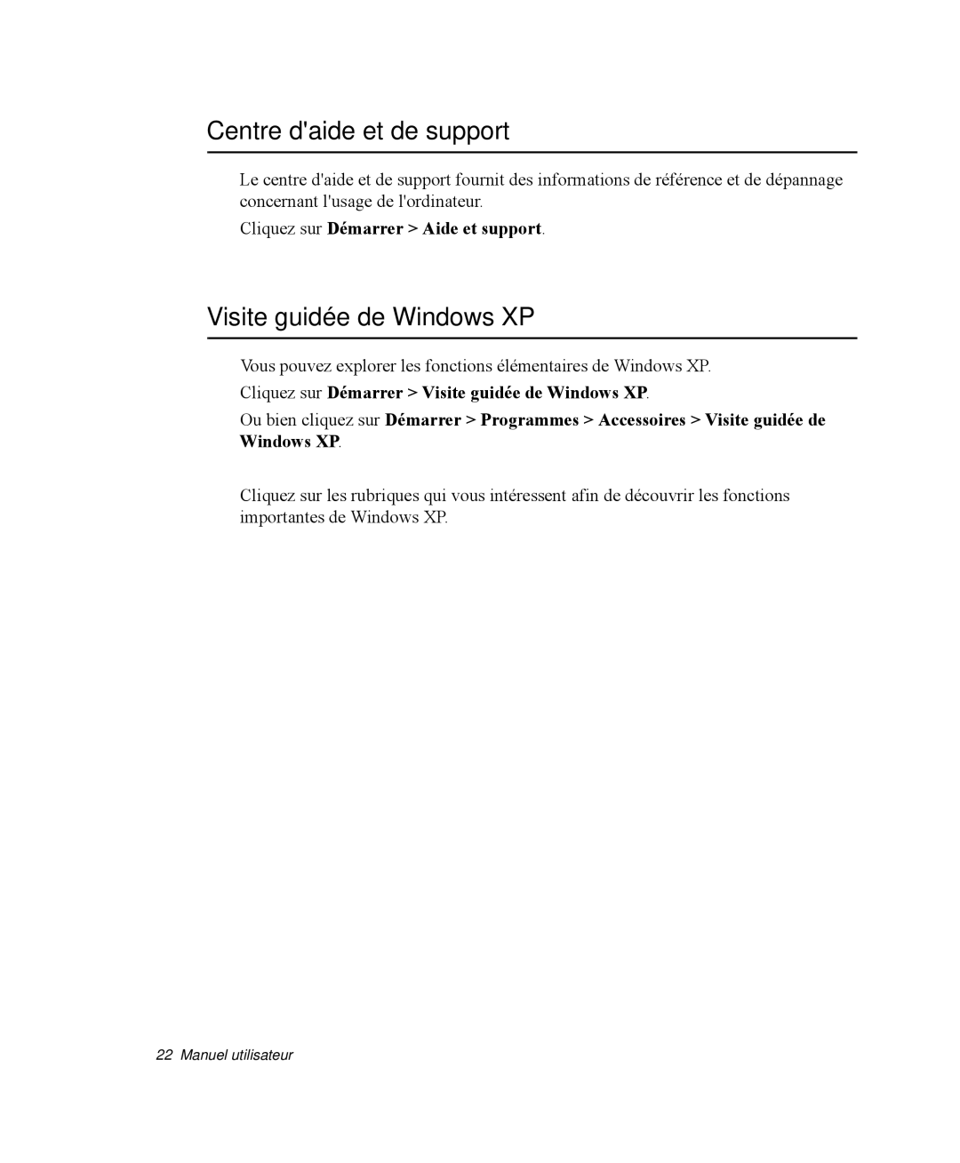 Samsung NP-X1-T003/SEF manual Centre daide et de support, Visite guidée de Windows XP, Cliquez sur Démarrer Aide et support 