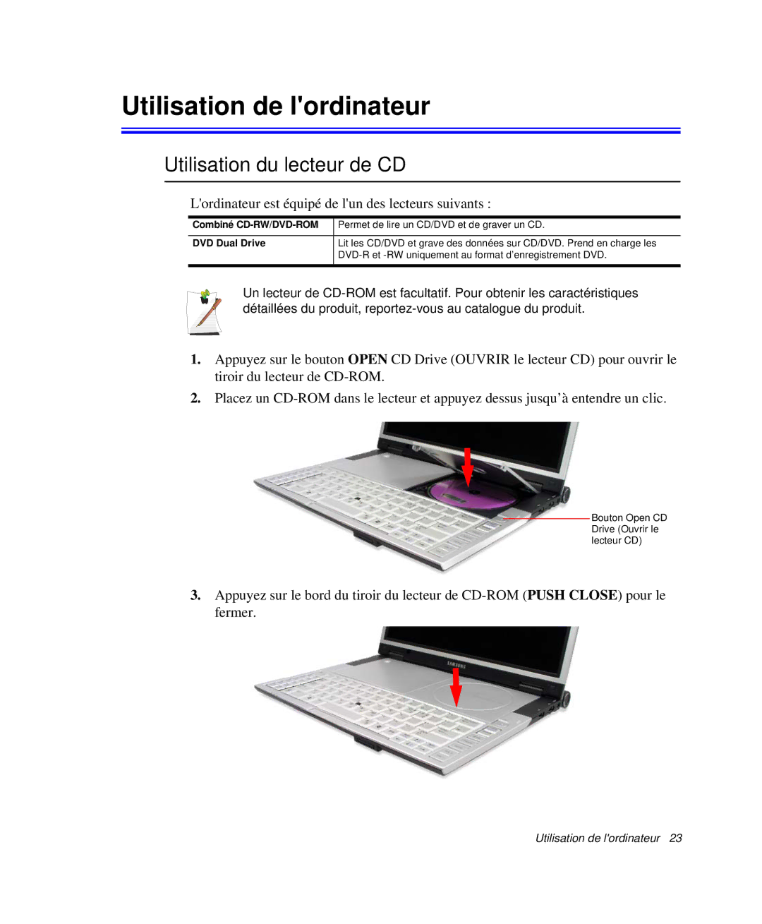 Samsung NP-X1-C002/SEF, NP-X1-T003/SEF, NP-X1-T002/SEF manual Utilisation de lordinateur, Utilisation du lecteur de CD 