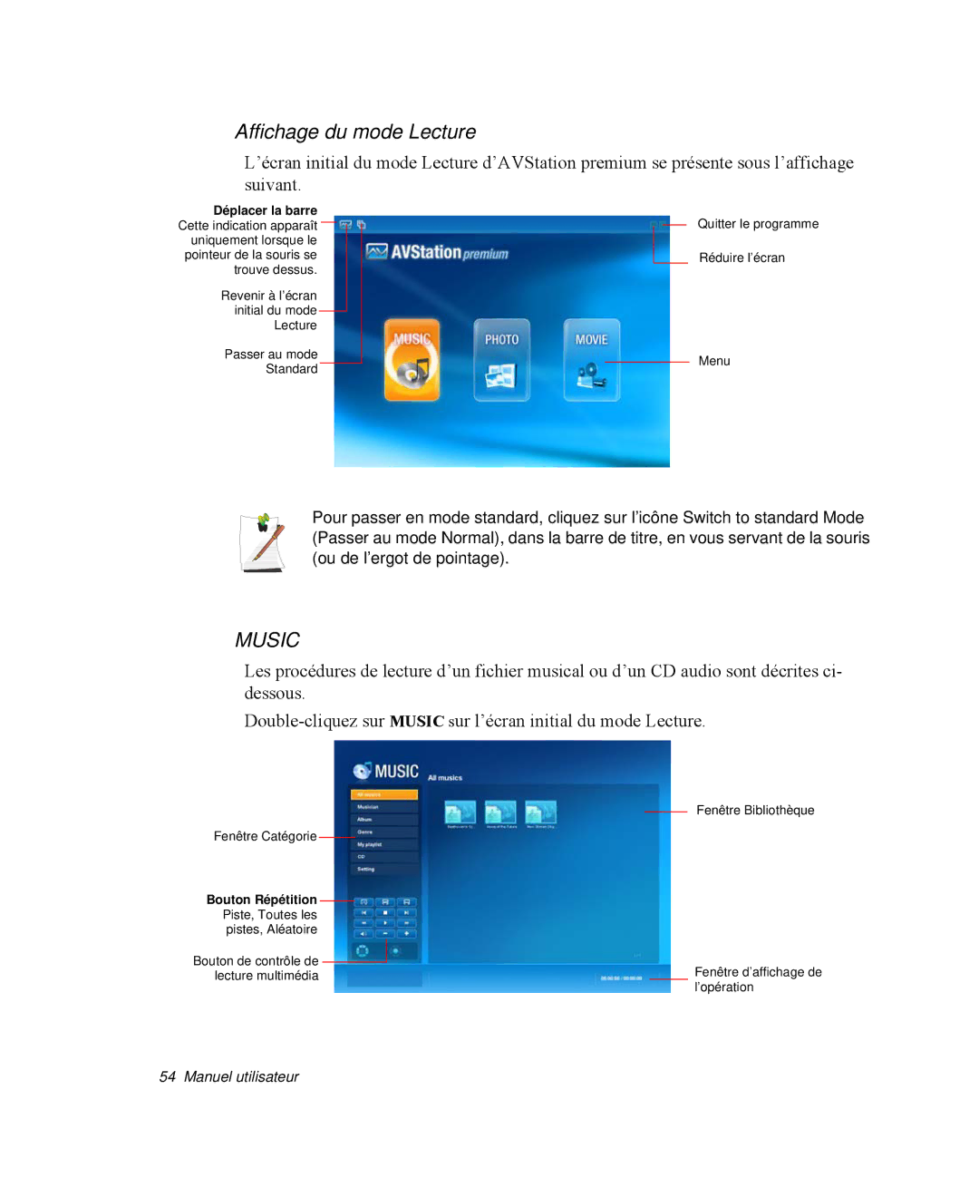 Samsung NP-X1-T000/SEF, NP-X1-T003/SEF, NP-X1-C002/SEF, NP-X1-T002/SEF, NP-X1-C001/SEF manual Affichage du mode Lecture, Music 