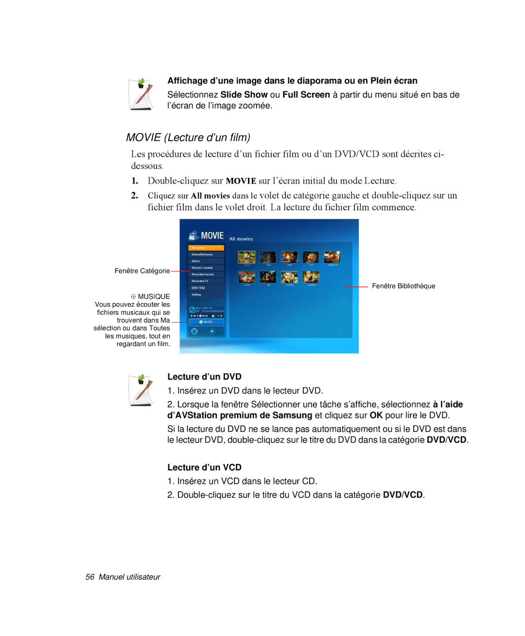 Samsung NP-X1-C000/SEF, NP-X1-T003/SEF Movie Lecture d’un film, Affichage d’une image dans le diaporama ou en Plein écran 