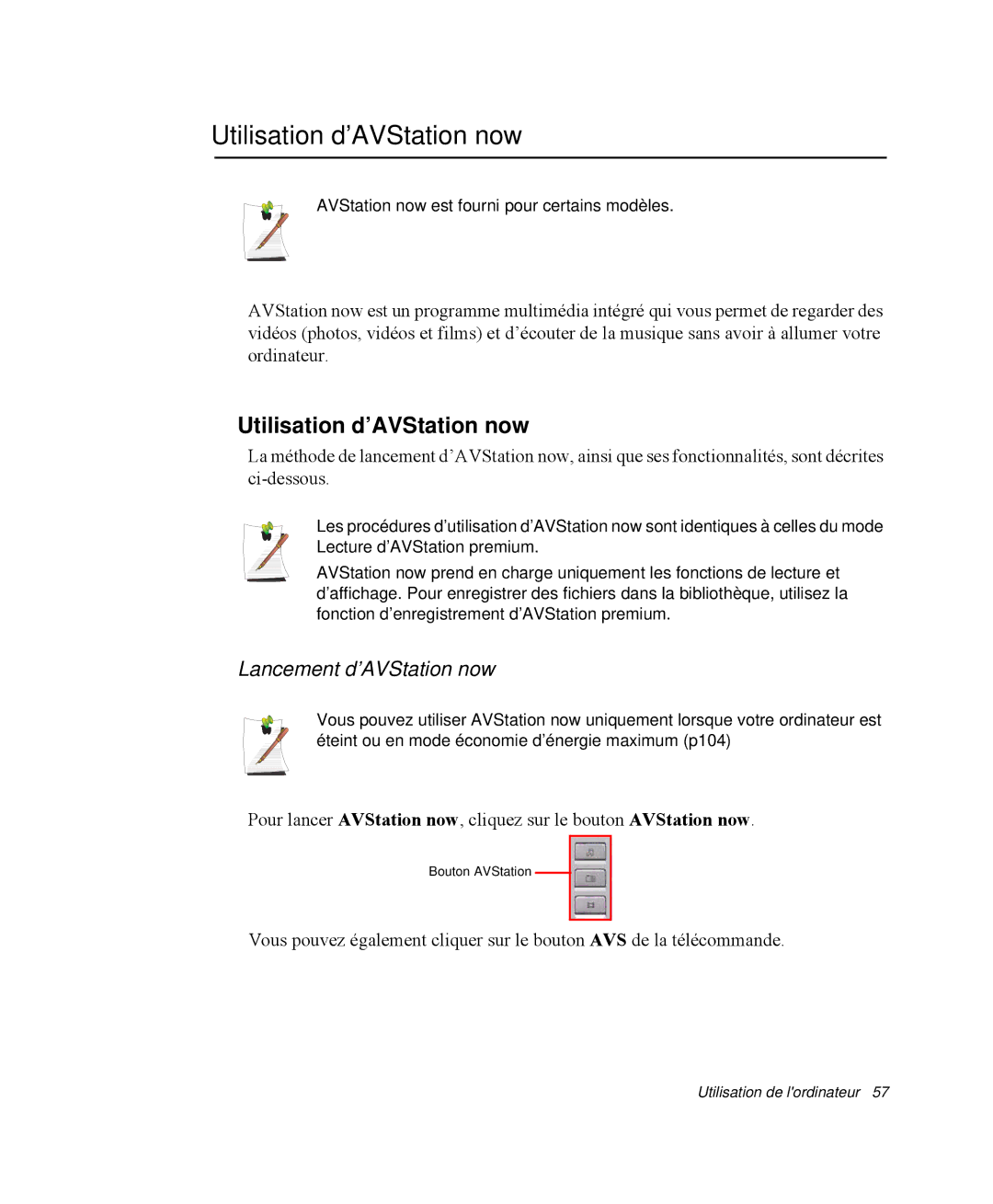 Samsung NP-X1-T003/SEF, NP-X1-C002/SEF, NP-X1-T002/SEF manual Utilisation d’AVStation now, Lancement d’AVStation now 