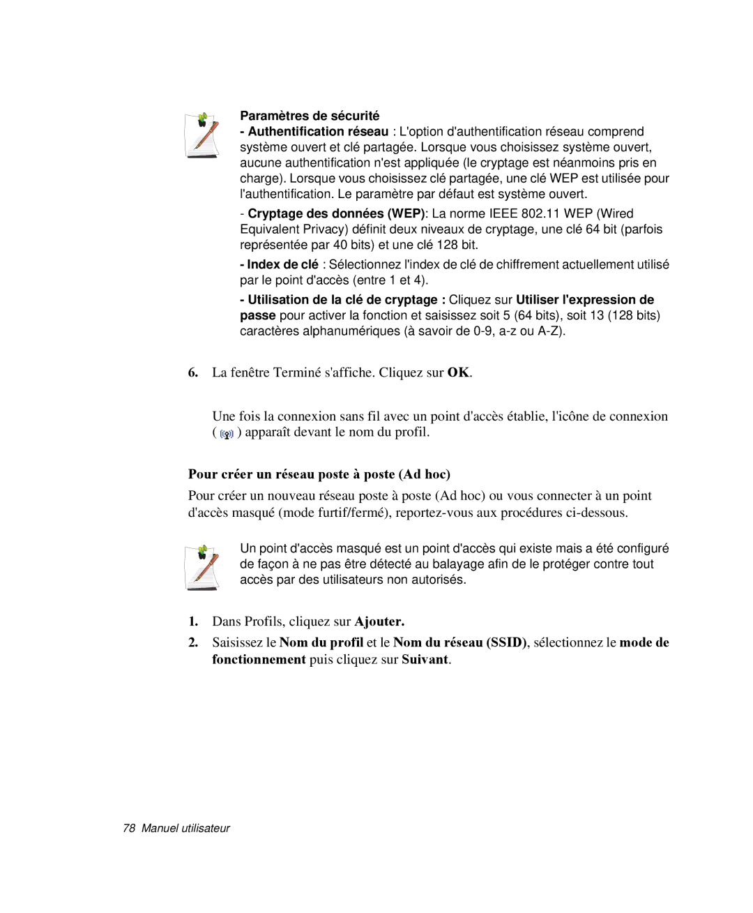 Samsung NP-X1-T003/SEF, NP-X1-C002/SEF, NP-X1-T002/SEF Pour créer un réseau poste à poste Ad hoc, Paramètres de sécurité 