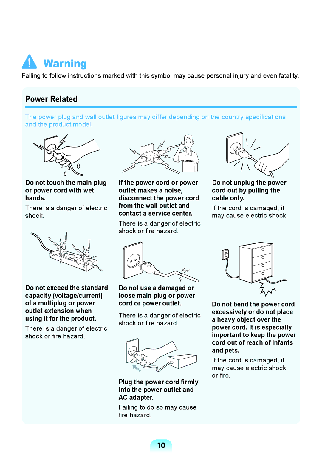 Samsung NP-X118-DA01RU manual Power Related, Do not touch the main plug or power cord with wet hands 