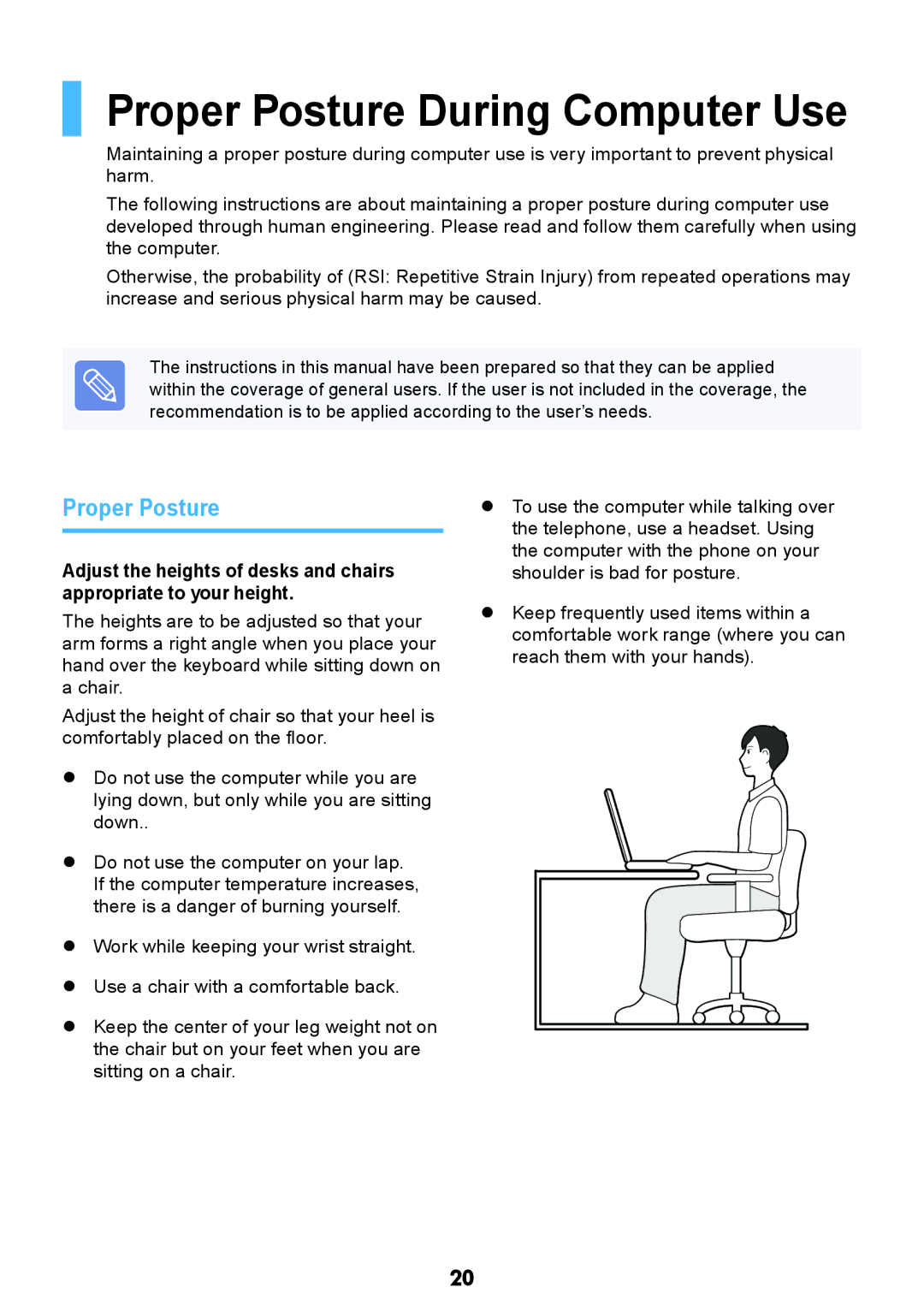 Samsung NP-X118-DA01RU manual Proper Posture During Computer Use 