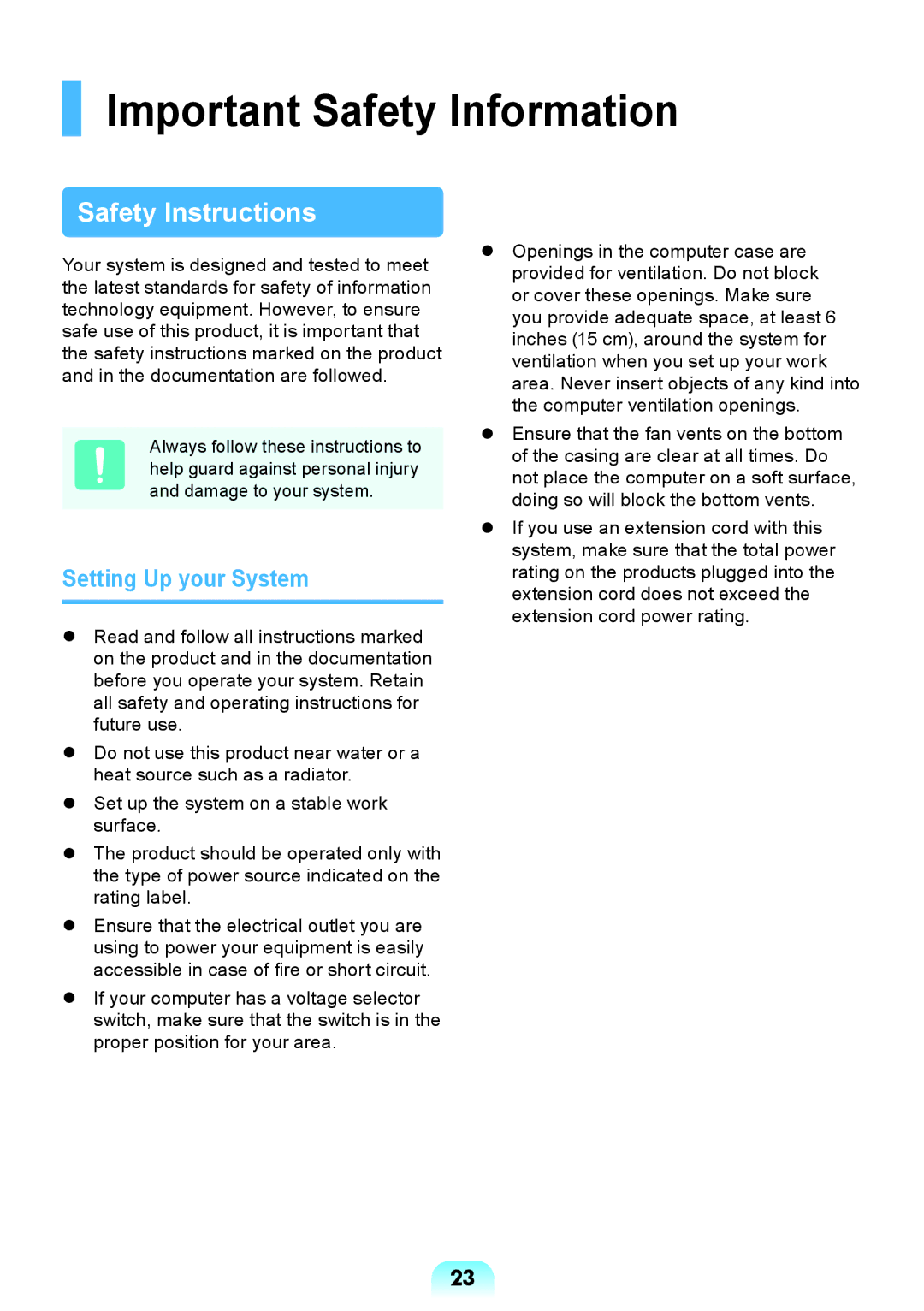 Samsung NP-X118-DA01RU manual Important Safety Information, Setting Up your System 