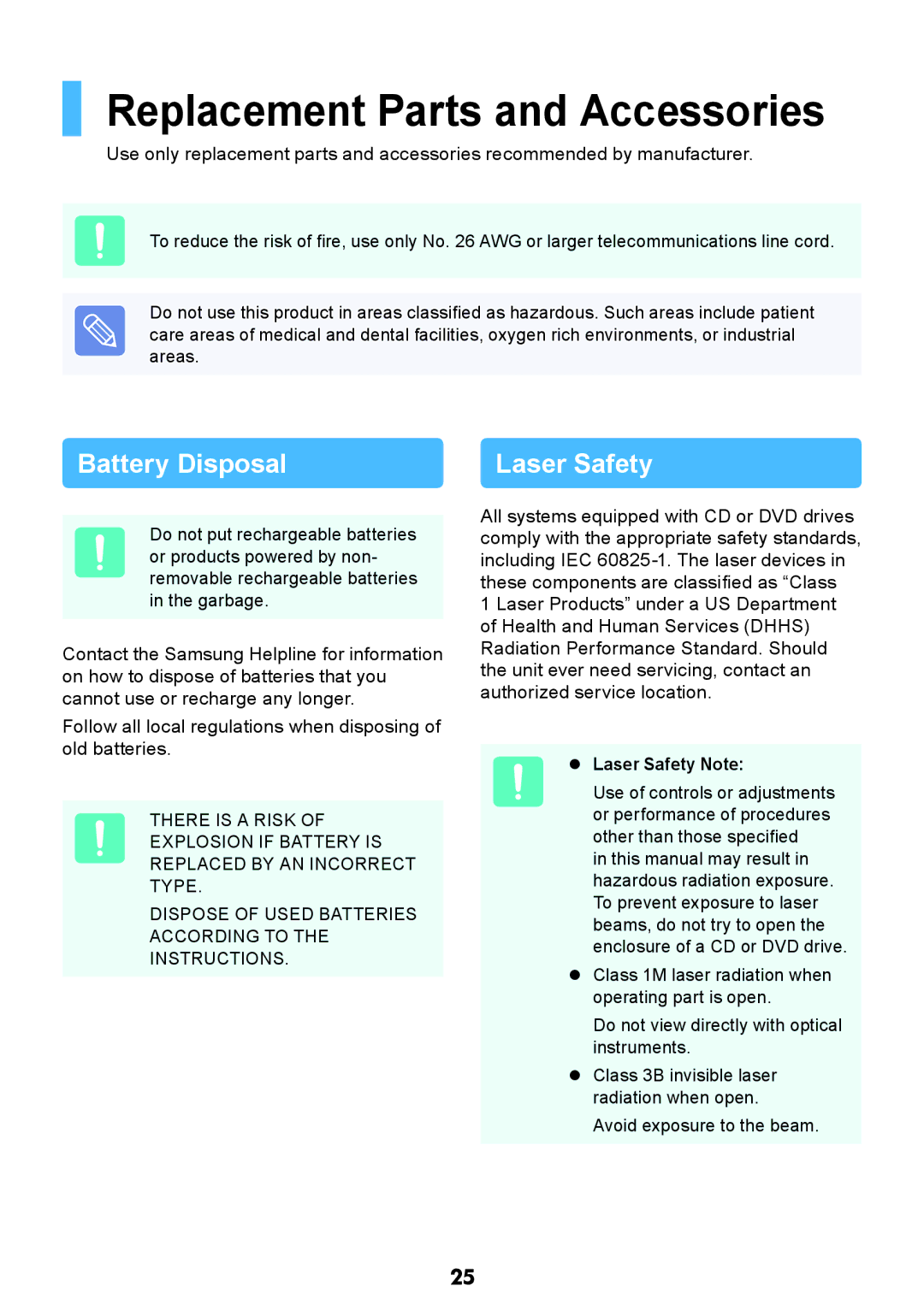 Samsung NP-X118-DA01RU manual Replacement Parts and Accessories,  Laser Safety Note 