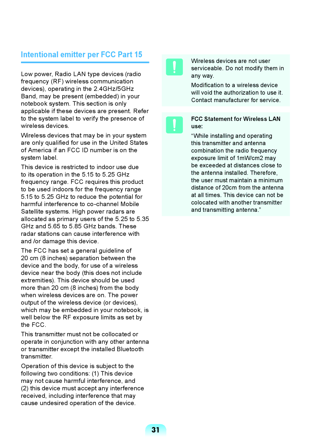 Samsung NP-X118-DA01RU manual Intentional emitter per FCC Part, FCC Statement for Wireless LAN use 