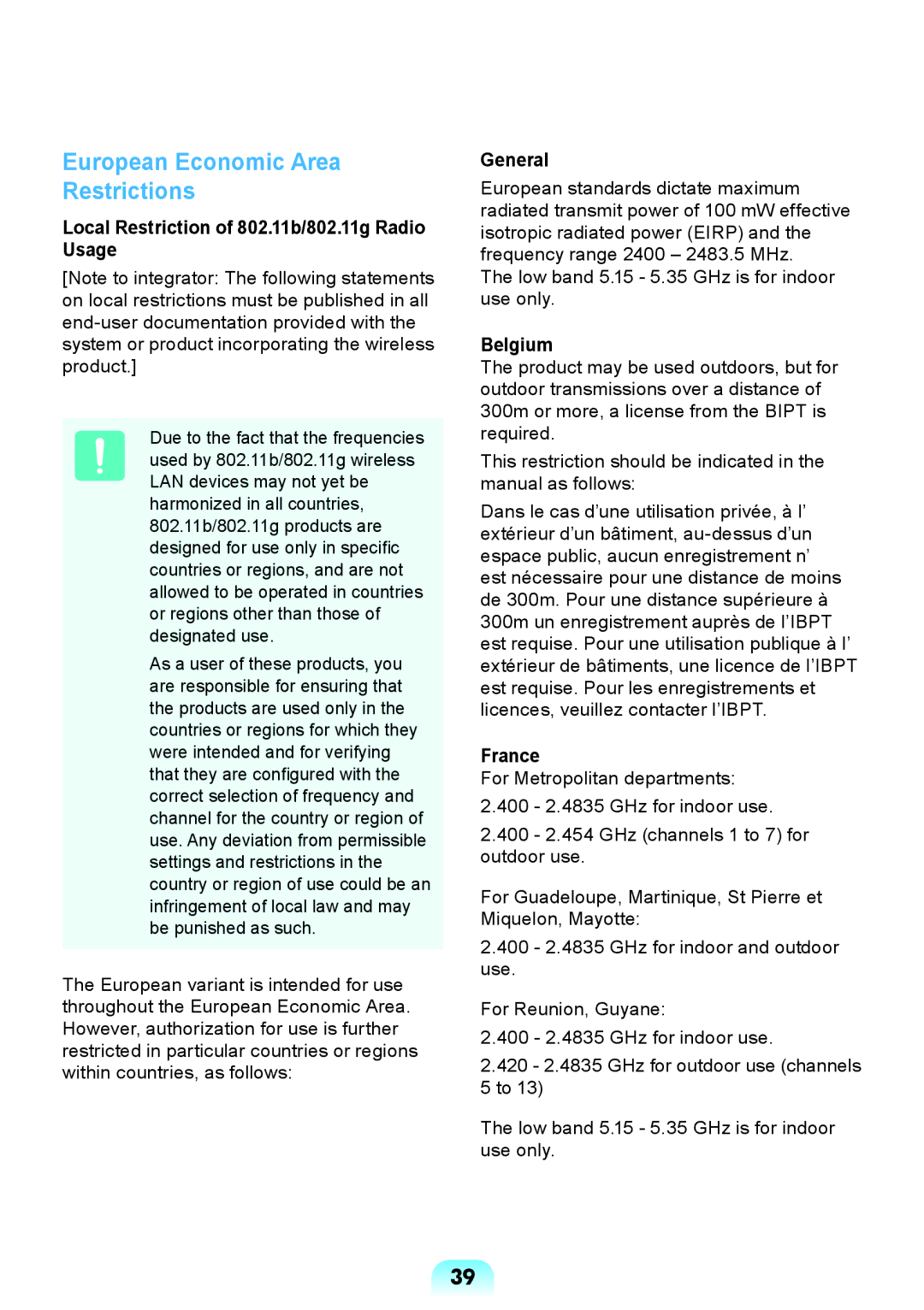 Samsung NP-X118-DA01RU European Economic Area Restrictions, Local Restriction of 802.11b/802.11g Radio Usage, General 