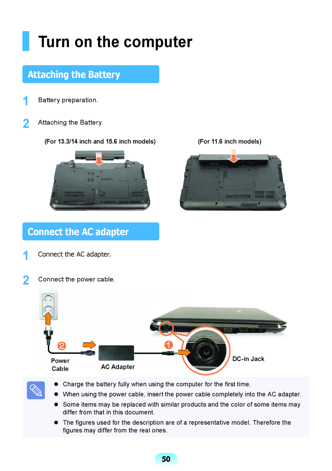 Samsung NP-X118-DA01RU manual Turn on the computer, Attaching the Battery, Connect the AC adapter, Power, Cable AC Adapter 