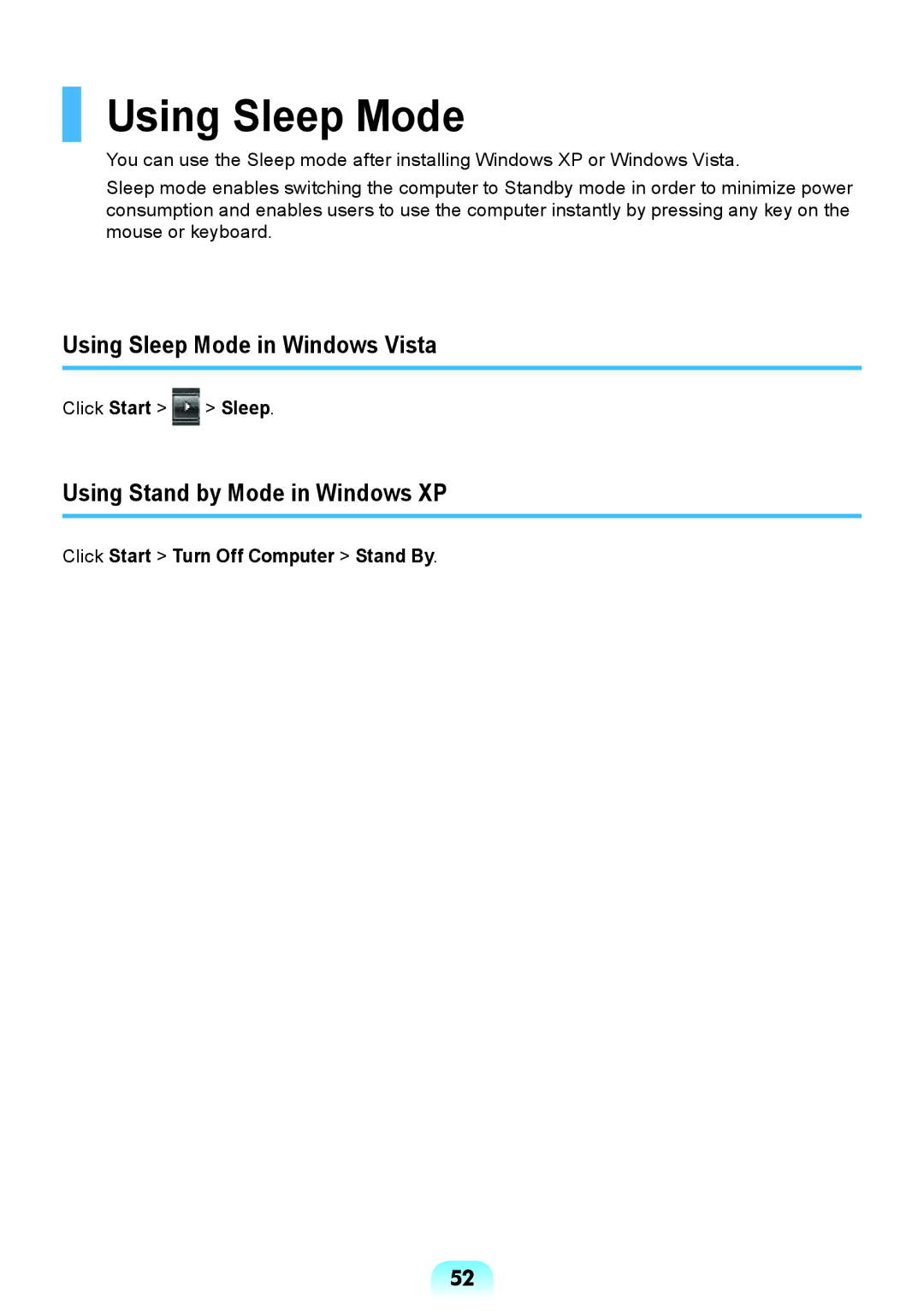 Samsung NP-X118-DA01RU manual Using Sleep Mode in Windows Vista, Using Stand by Mode in Windows XP 