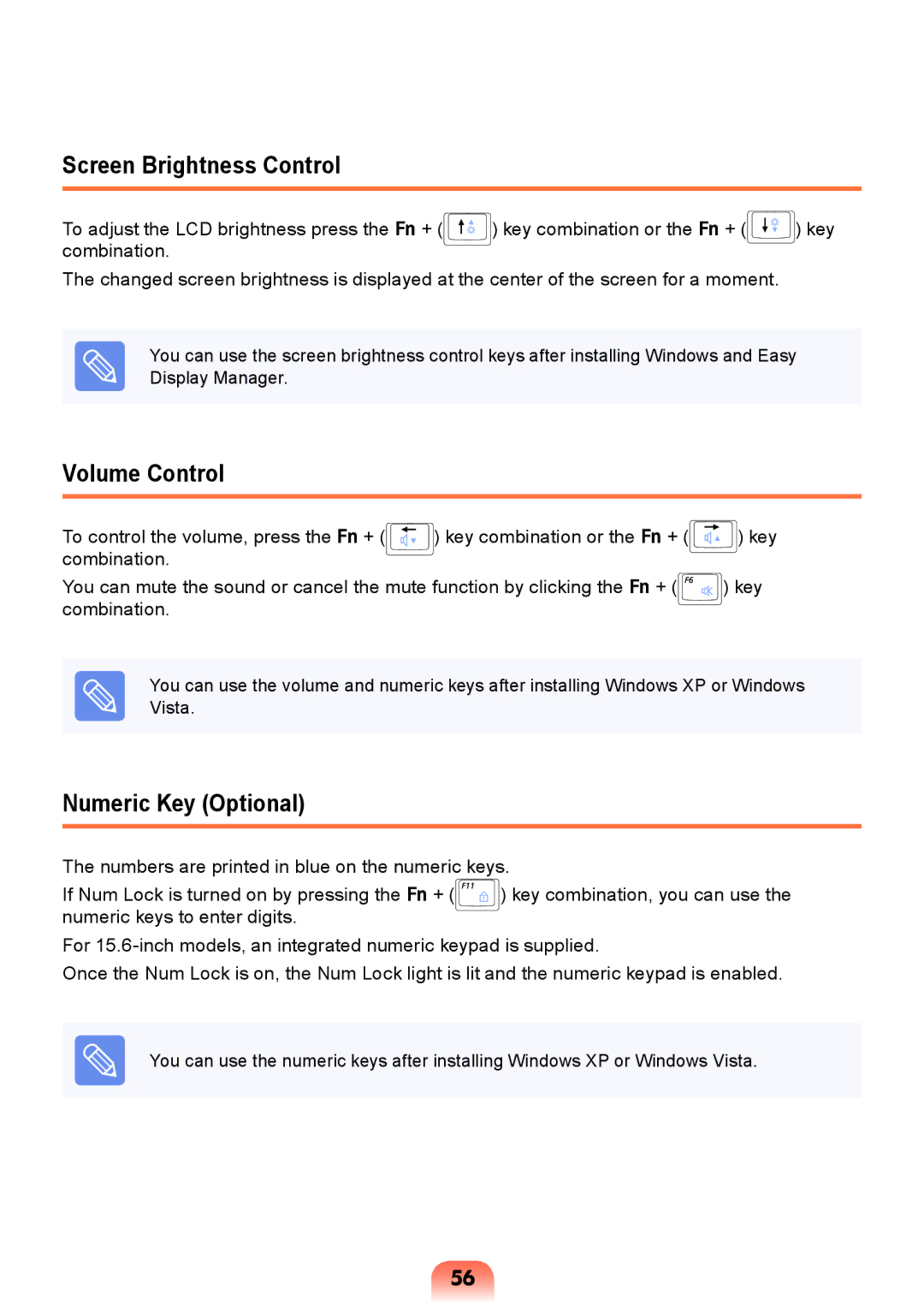 Samsung NP-X118-DA01RU manual Screen Brightness Control, Volume Control, Numeric Key Optional 