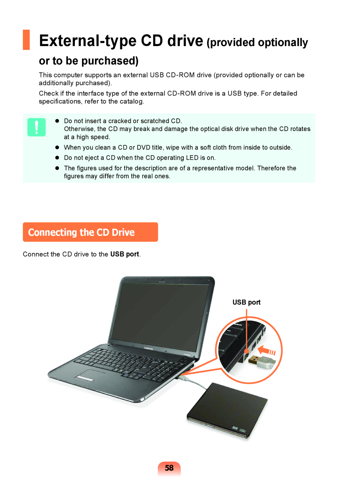 Samsung NP-X118-DA01RU manual External-type CD drive provided optionally, Connecting the CD Drive 